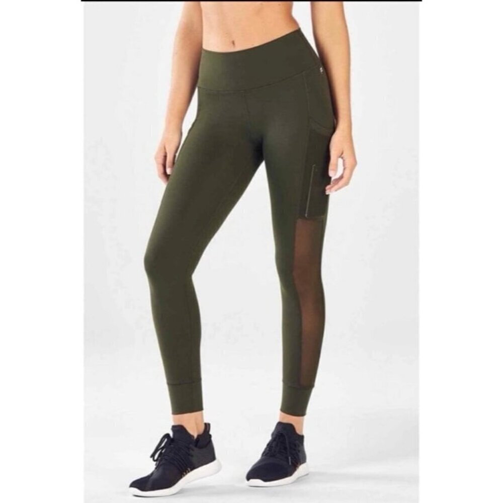 Fabletics Mila High-Waisted Pocket Legging Mesh Side Pockets Size 1X Olive Green